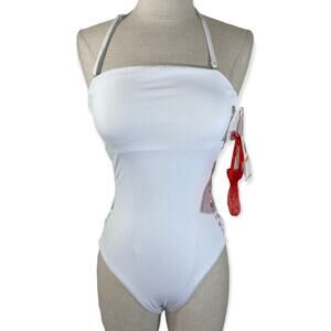 White lace-up swimsuit, ladies small one piece convertible halter strap /bandeau